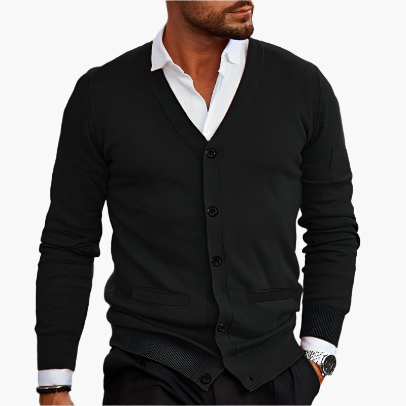 Men's long-sleeve V-neck button-front cardigan with ribbed trims
