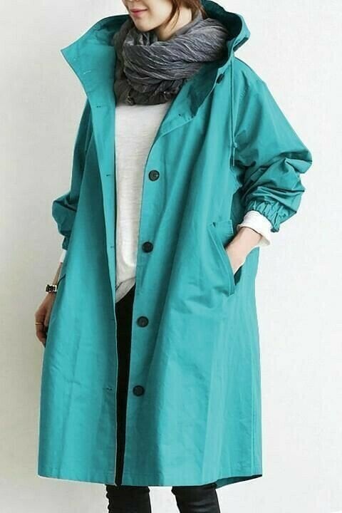 Women's long hooded button-front windbreaker coat