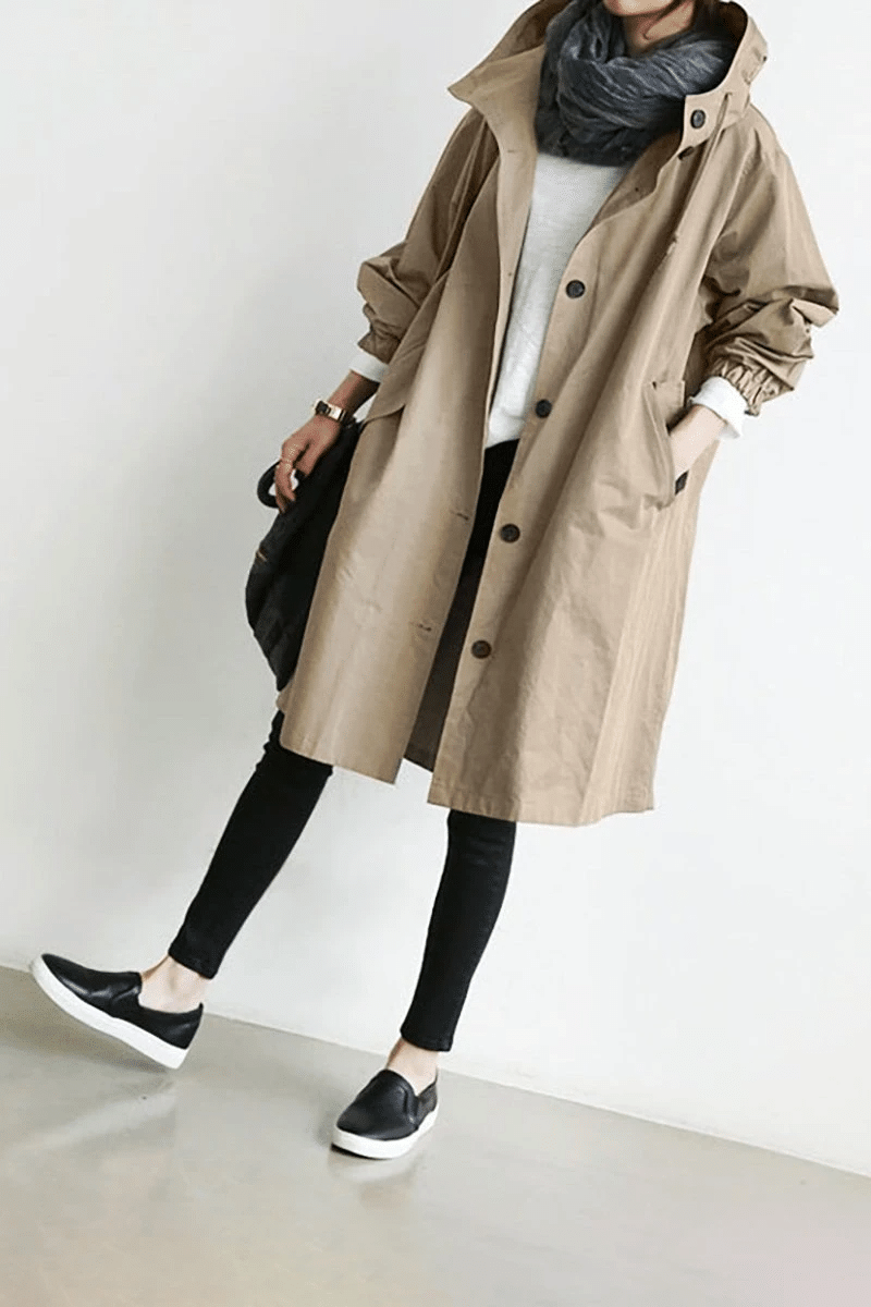 Women's long hooded button-front windbreaker coat