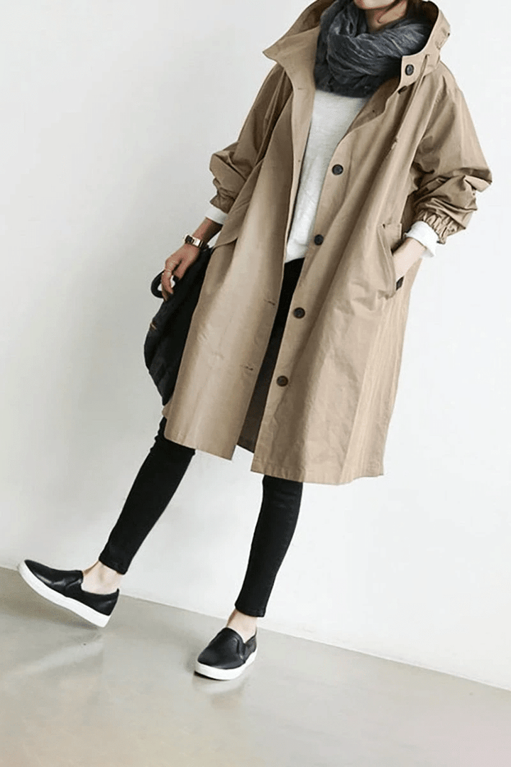 Women's long hooded button-front windbreaker coat