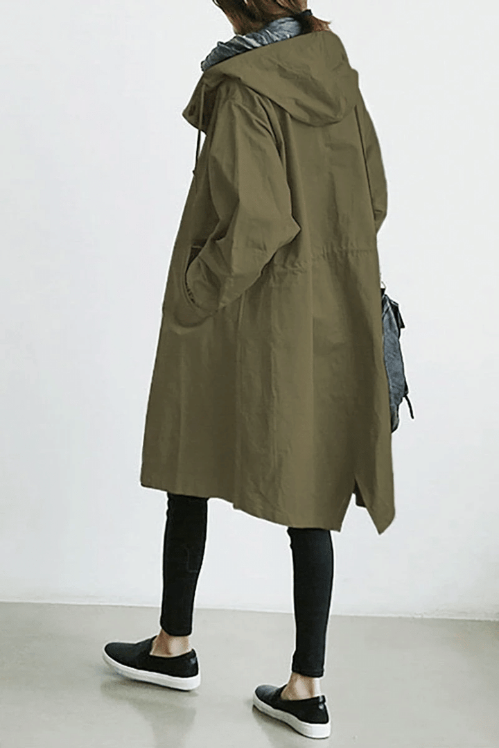 Women's long hooded button-front windbreaker coat