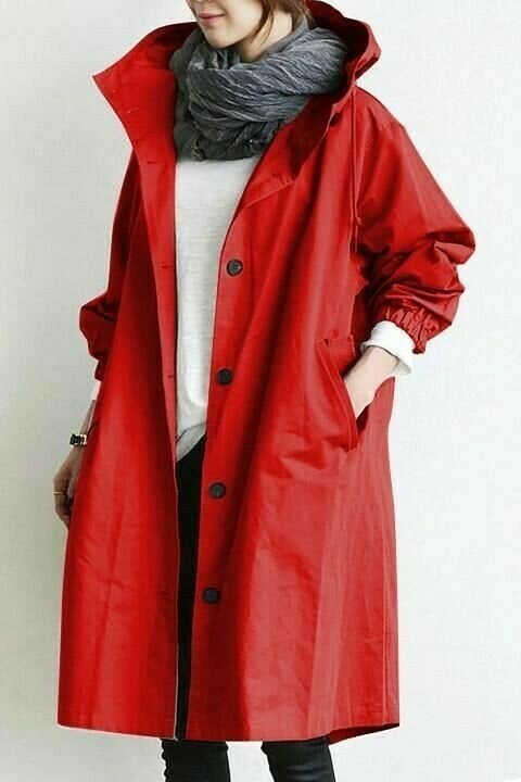 Women's long hooded button-front windbreaker coat