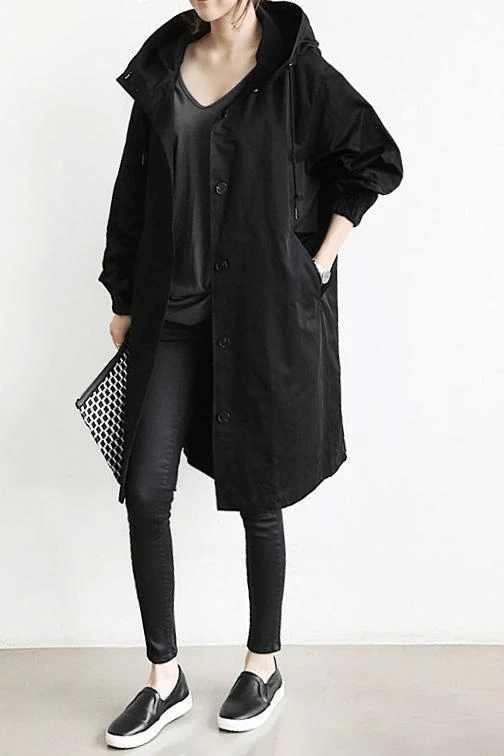 Women's long hooded button-front windbreaker coat