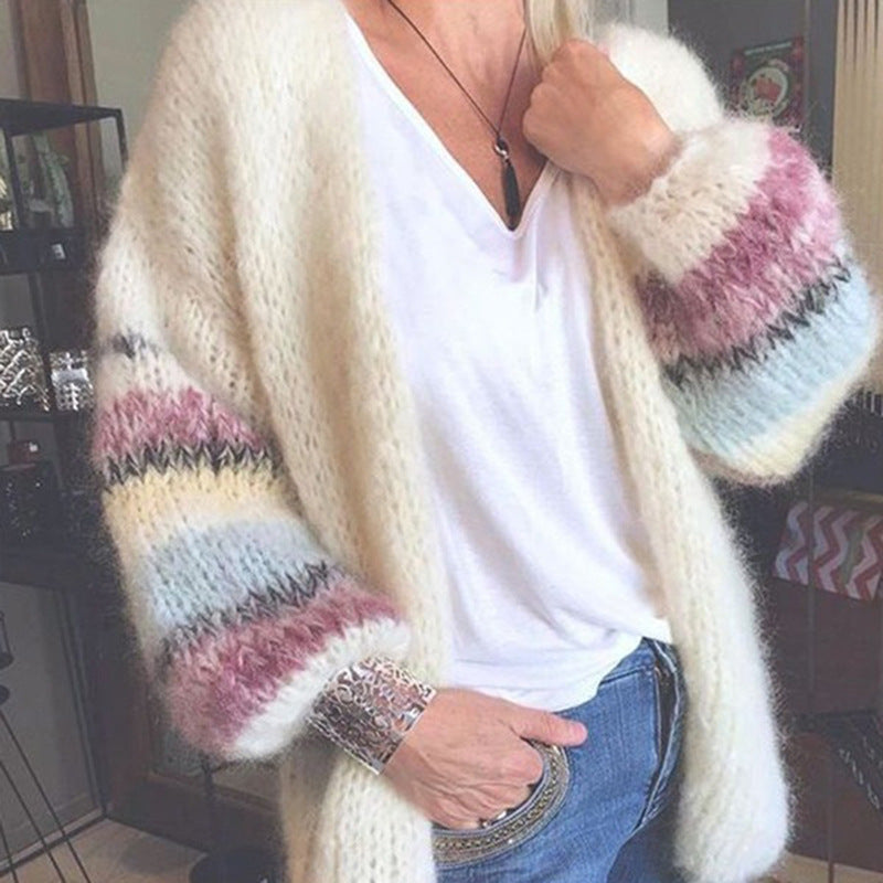 Women's striped color block knit cardigan with long sleeves