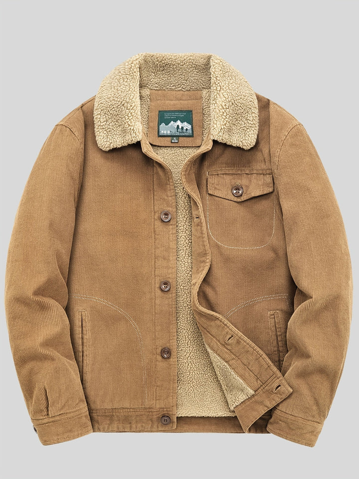Men's corduroy trucker jacket with sherpa lining, button front, chest pocket and lower pockets