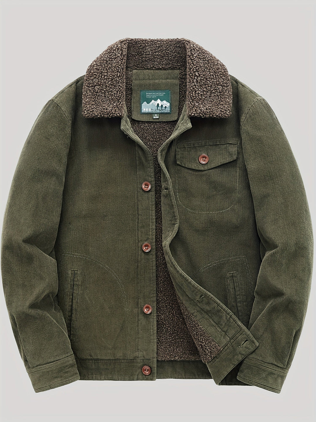 Men's corduroy trucker jacket with sherpa lining, button front, chest pocket and lower pockets