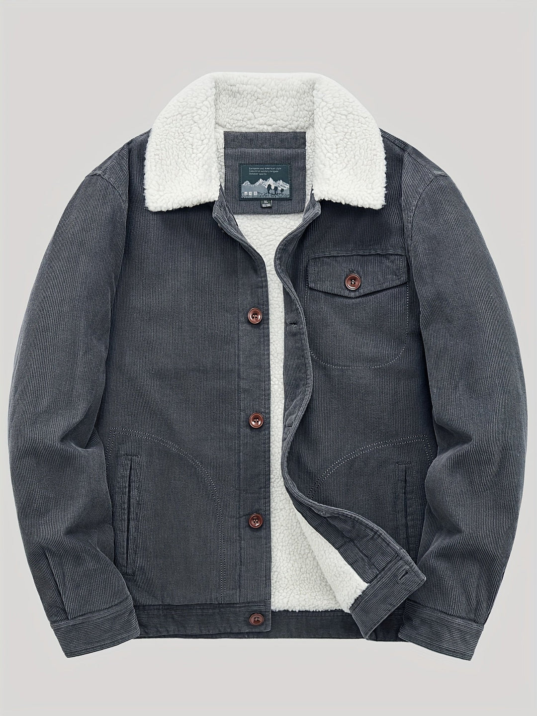 Men's corduroy trucker jacket with sherpa lining, button front, chest pocket and lower pockets