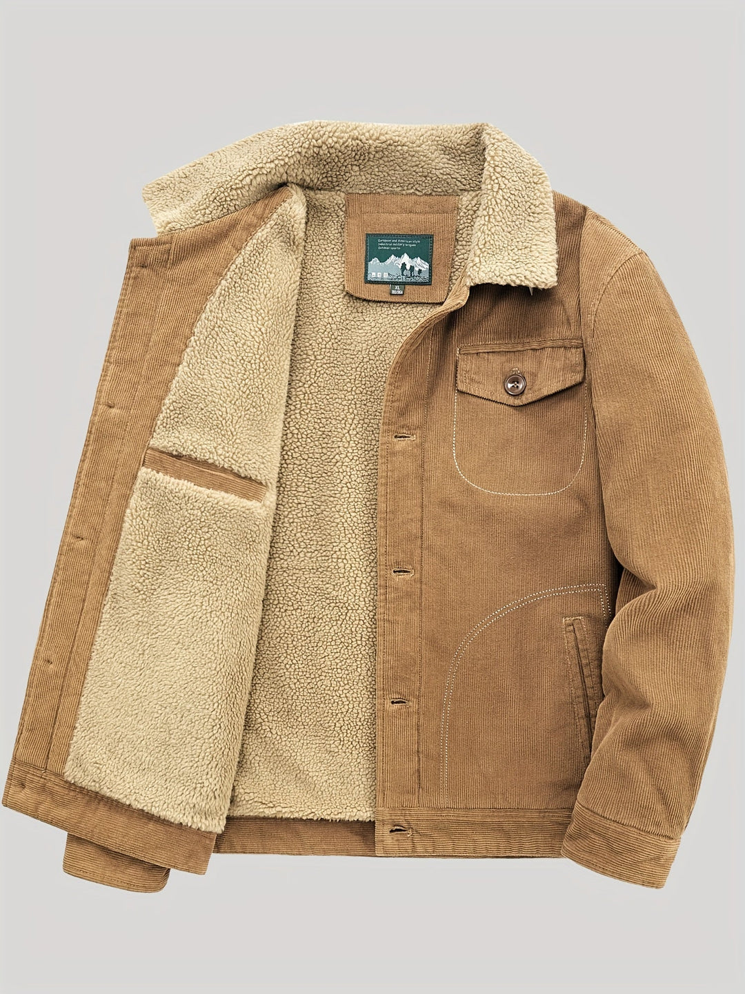 Men's corduroy trucker jacket with sherpa lining, button front, chest pocket and lower pockets