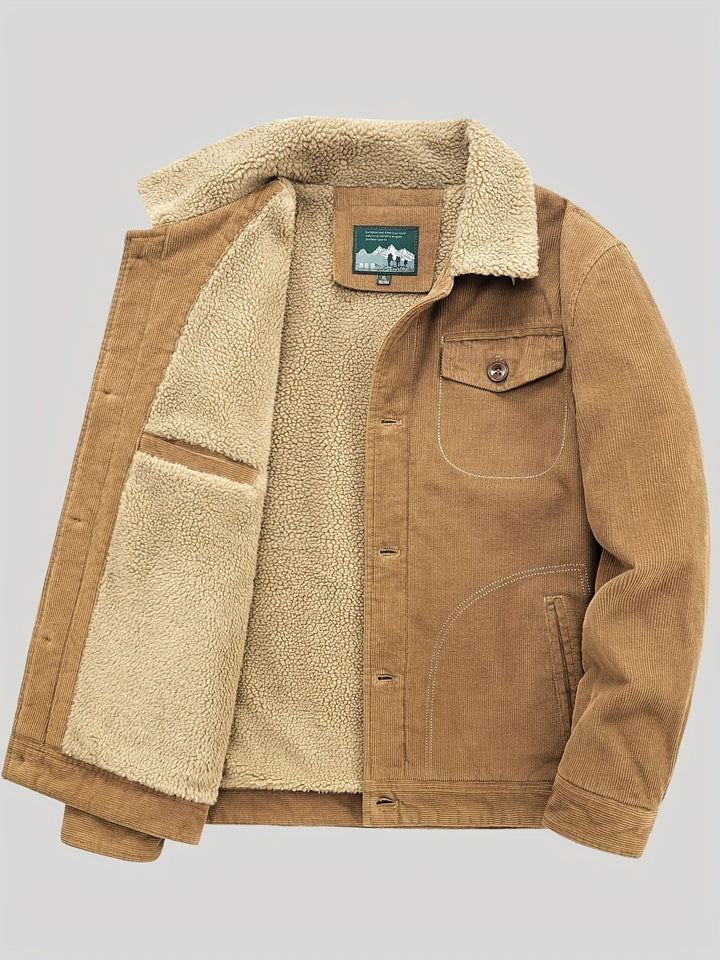 Men's corduroy trucker jacket with sherpa lining, button front, chest pocket and lower pockets