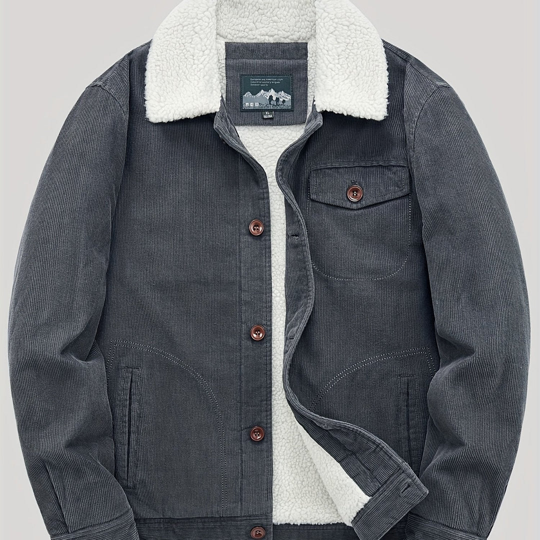 Men's corduroy trucker jacket with sherpa lining, button front, chest pocket and lower pockets