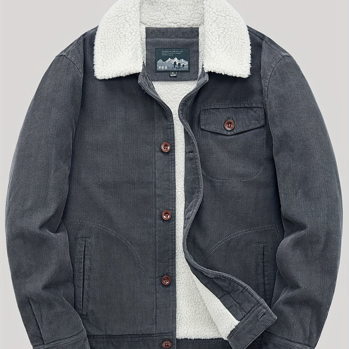 Men's corduroy trucker jacket with sherpa lining, button front, chest pocket and lower pockets