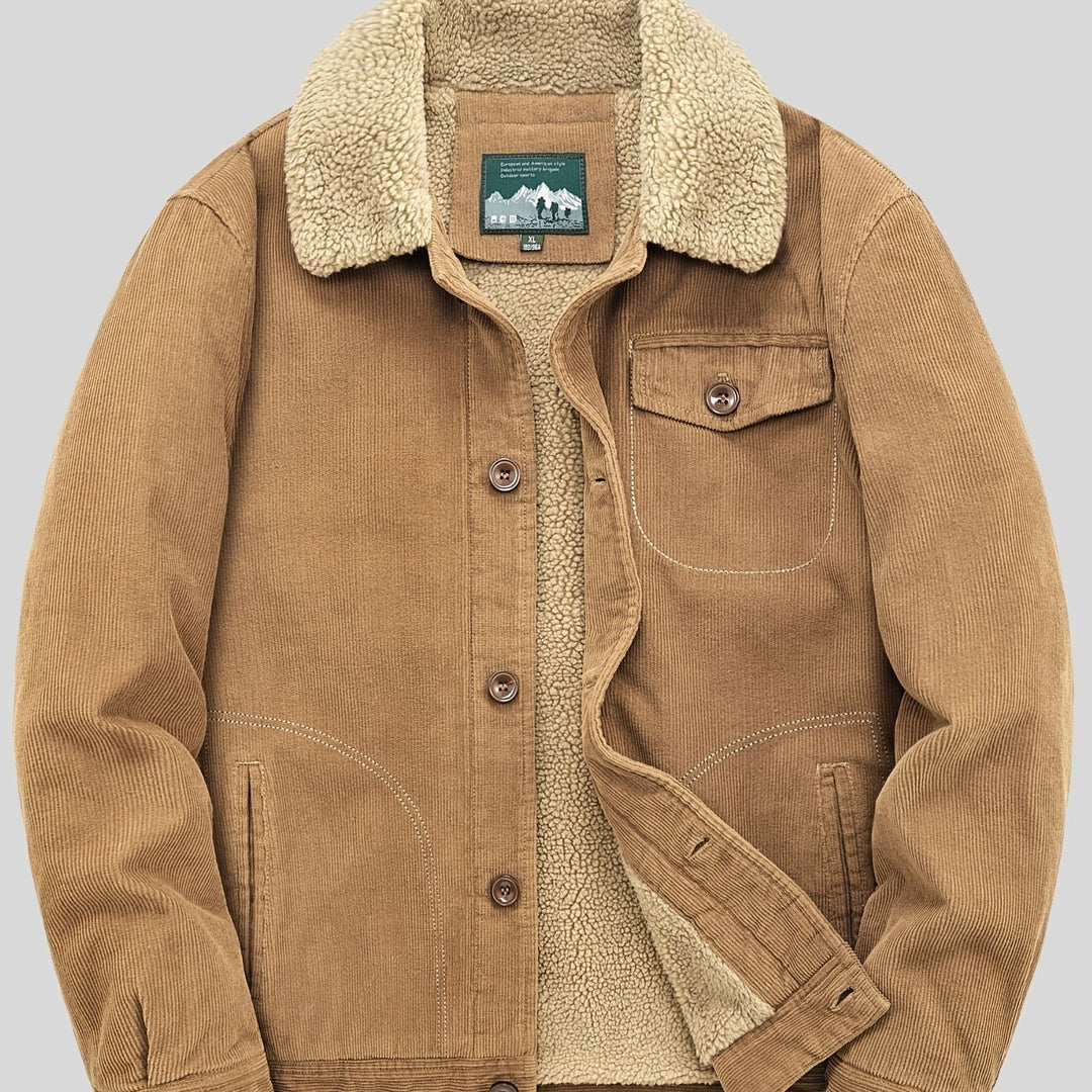 Men's corduroy trucker jacket with sherpa lining, button front, chest pocket and lower pockets