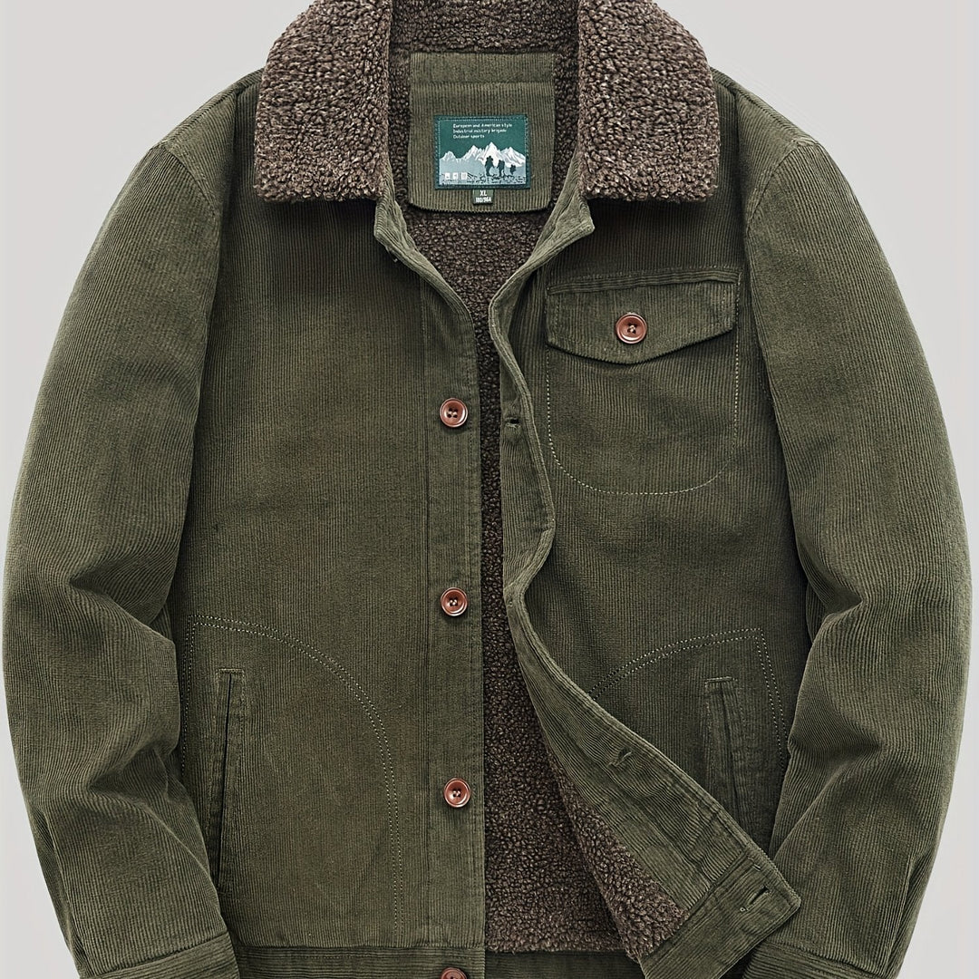 Men's corduroy trucker jacket with sherpa lining, button front, chest pocket and lower pockets