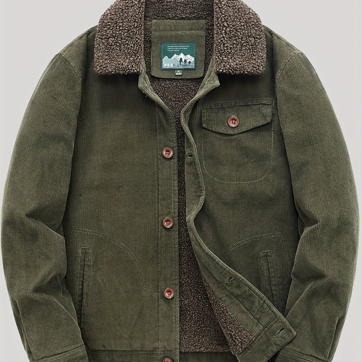 Men's corduroy trucker jacket with sherpa lining, button front, chest pocket and lower pockets