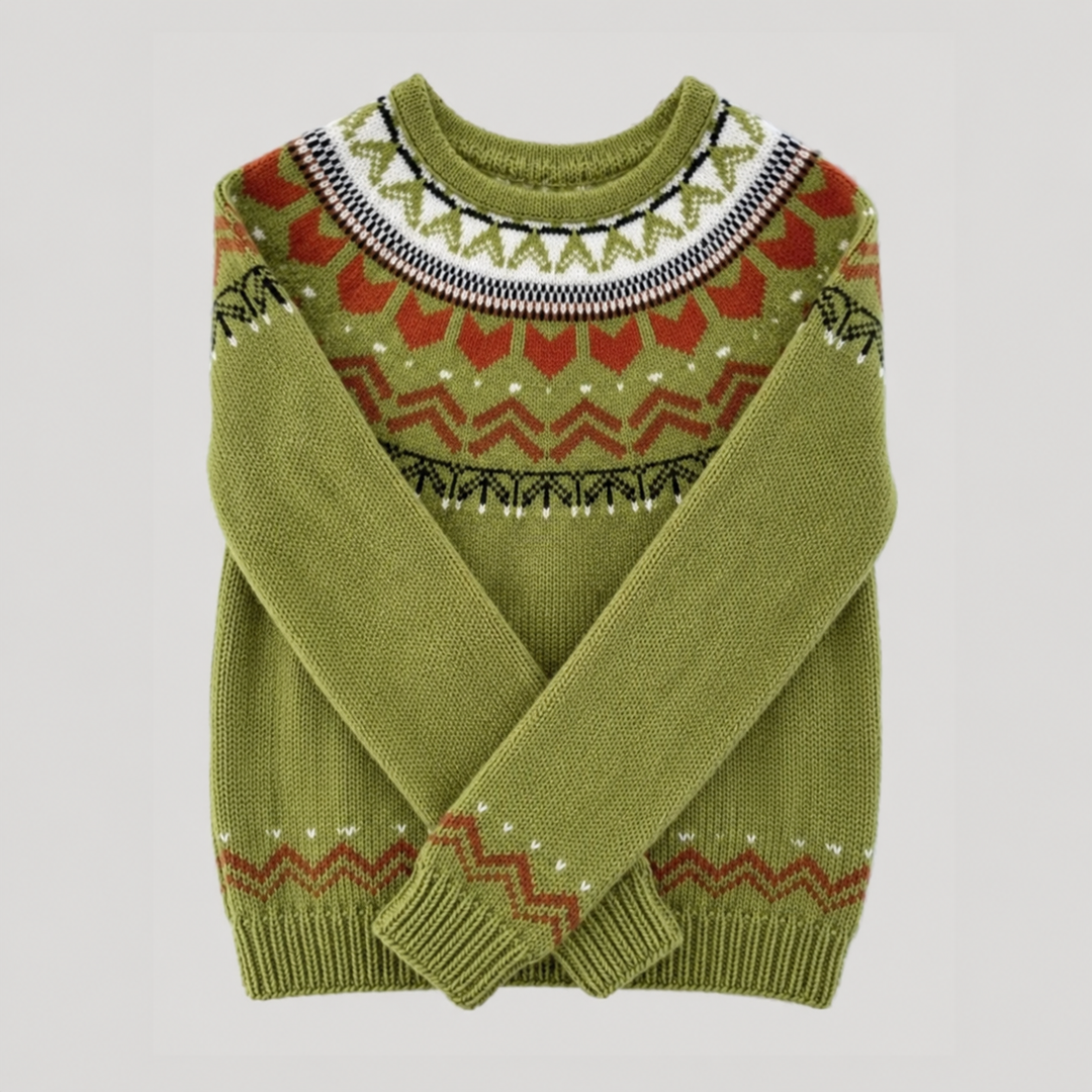Men's green crew neck sweater with Nordic geometric pattern and long sleeves