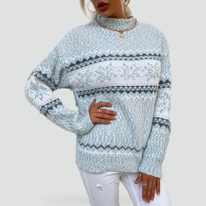 Women's textured crew neck sweater with snowflake pattern bands