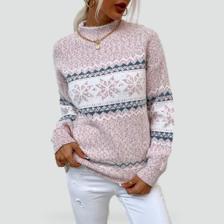 Women's textured crew neck sweater with snowflake pattern bands
