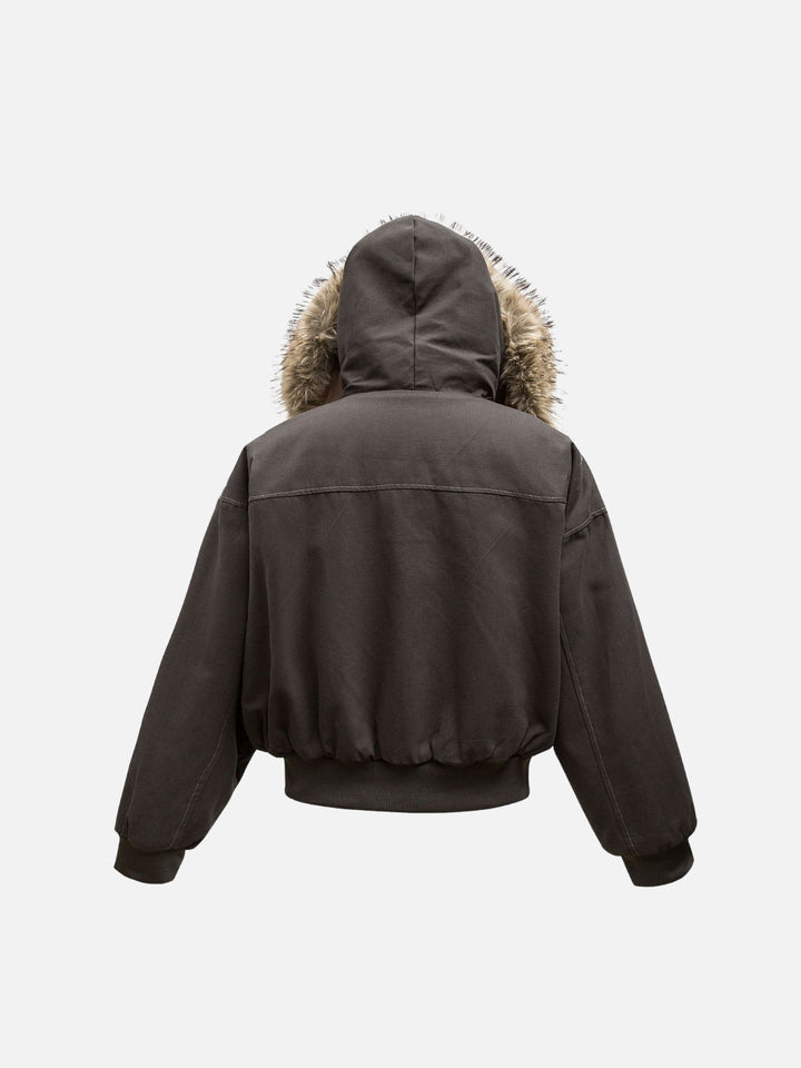 Women's hooded bomber jacket with faux fur trim and zip front