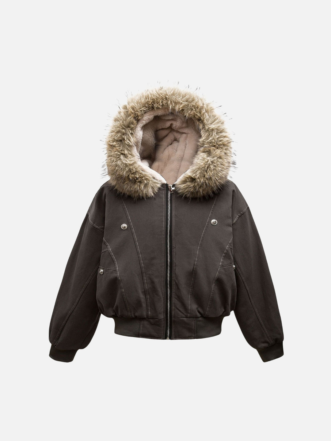 Women's hooded bomber jacket with faux fur trim and zip front