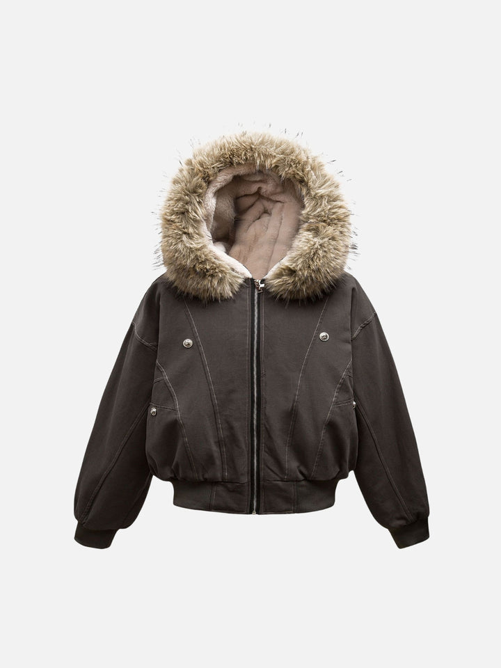 Women's hooded bomber jacket with faux fur trim and zip front