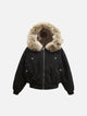 Women's hooded bomber jacket with faux fur trim and zip front