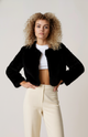 Women's short plush-textured jacket with long sleeves and open front