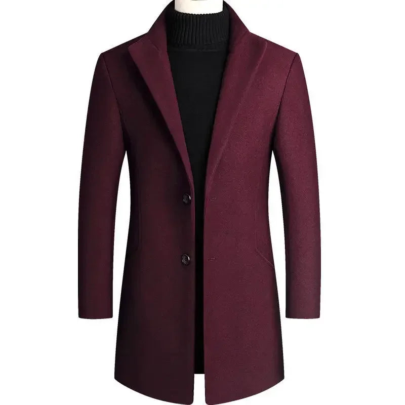 Men's slim-fit long coat with notched lapels, button front and angled pockets
