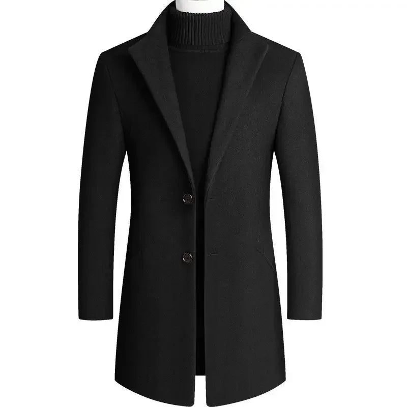 Men's slim-fit long coat with notched lapels, button front and angled pockets