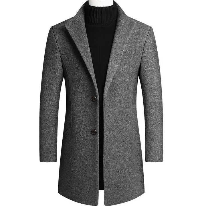 Men's slim-fit long coat with notched lapels, button front and angled pockets