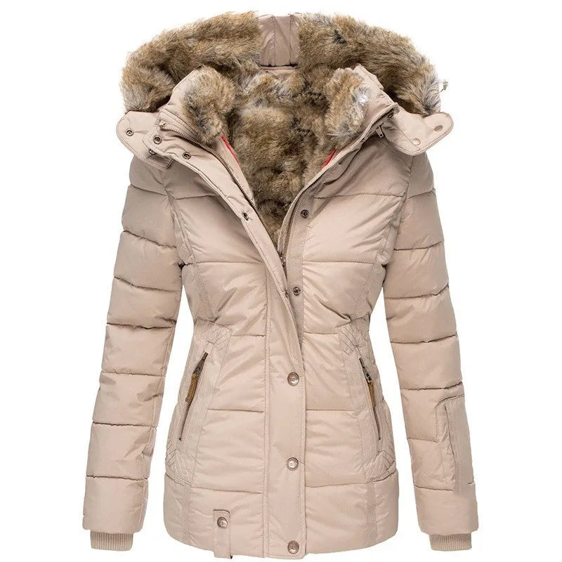 Women's hip-length quilted puffer jacket with fur-trimmed hood