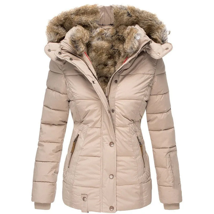 Women's hip-length quilted puffer jacket with fur-trimmed hood