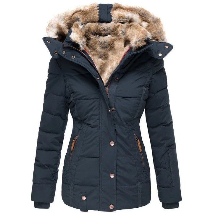 Women's hip-length quilted puffer jacket with fur-trimmed hood