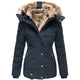 Women's hip-length quilted puffer jacket with fur-trimmed hood