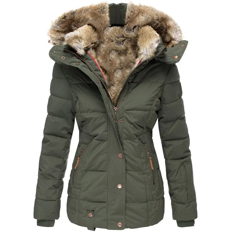Women's hip-length quilted puffer jacket with fur-trimmed hood