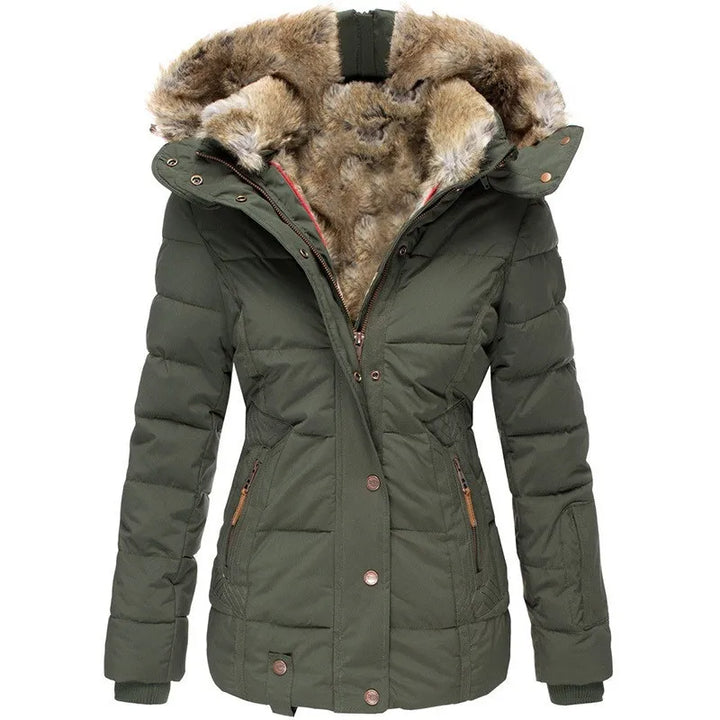 Women's hip-length quilted puffer jacket with fur-trimmed hood