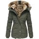 Women's hip-length quilted puffer jacket with fur-trimmed hood
