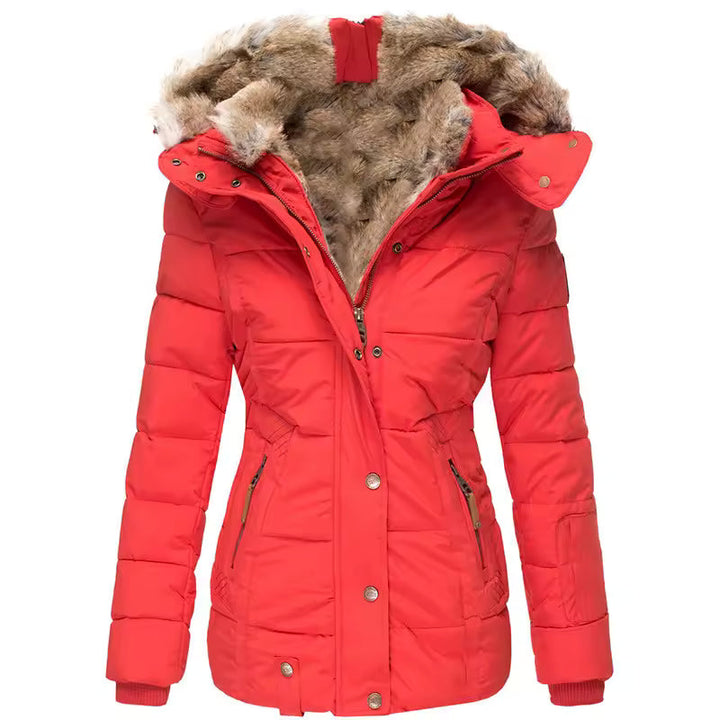 Women's hip-length quilted puffer jacket with fur-trimmed hood