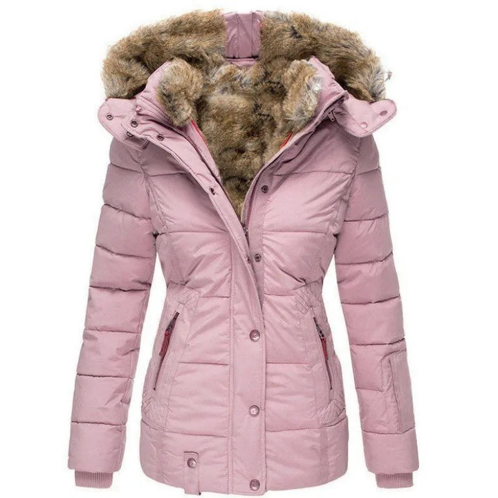 Women's hip-length quilted puffer jacket with fur-trimmed hood