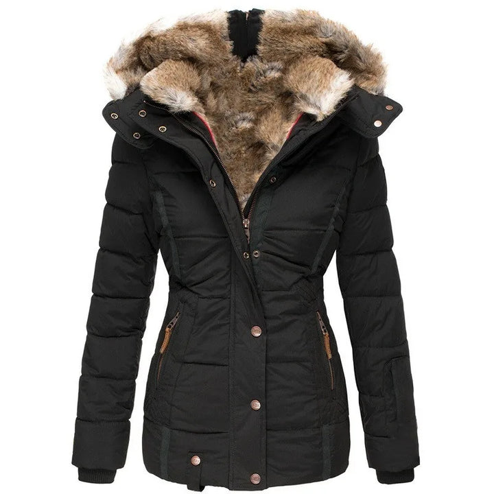 Women's hip-length quilted puffer jacket with fur-trimmed hood
