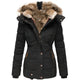 Women's hip-length quilted puffer jacket with fur-trimmed hood