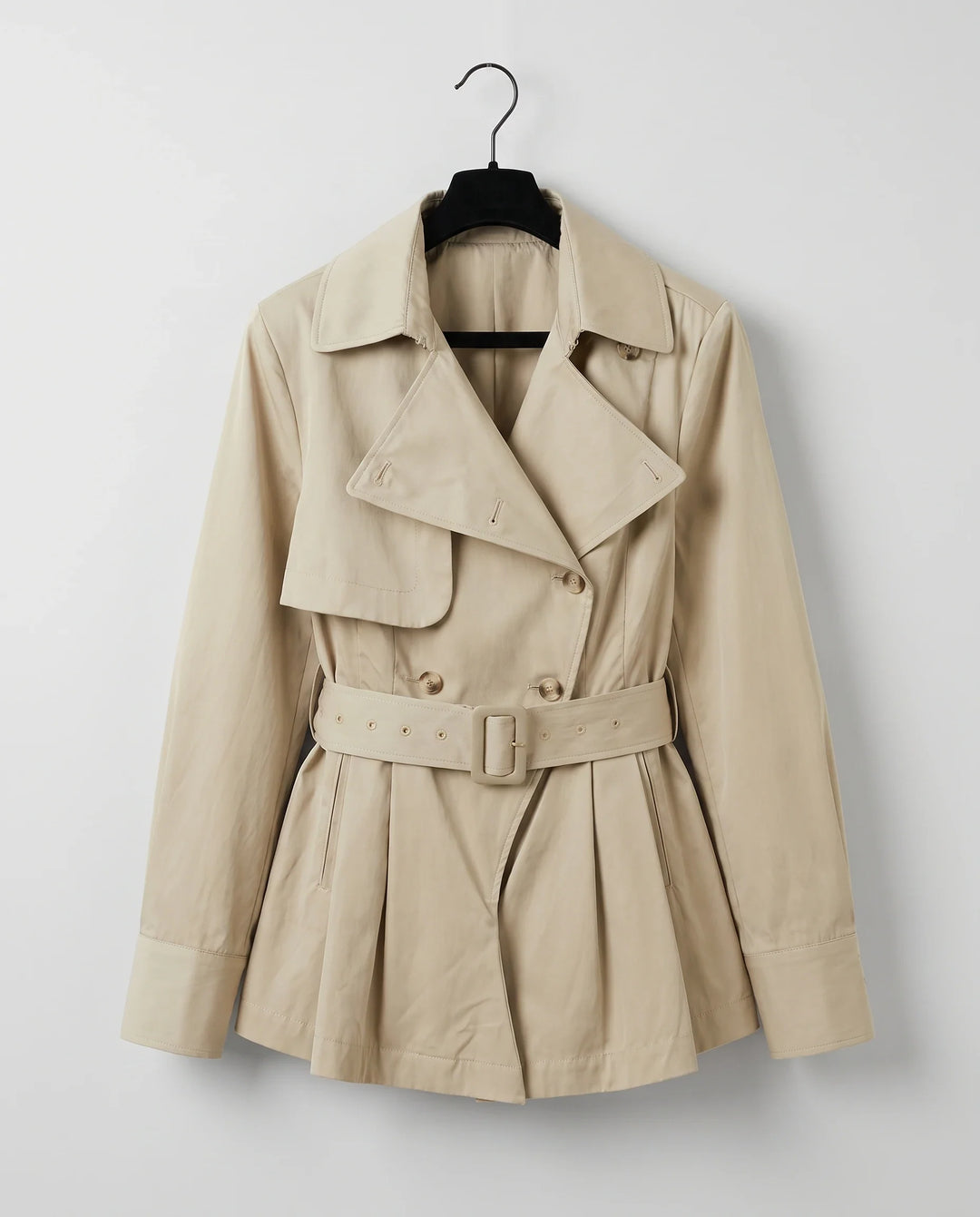 Women's beige belted trench romper with long sleeves and short hem