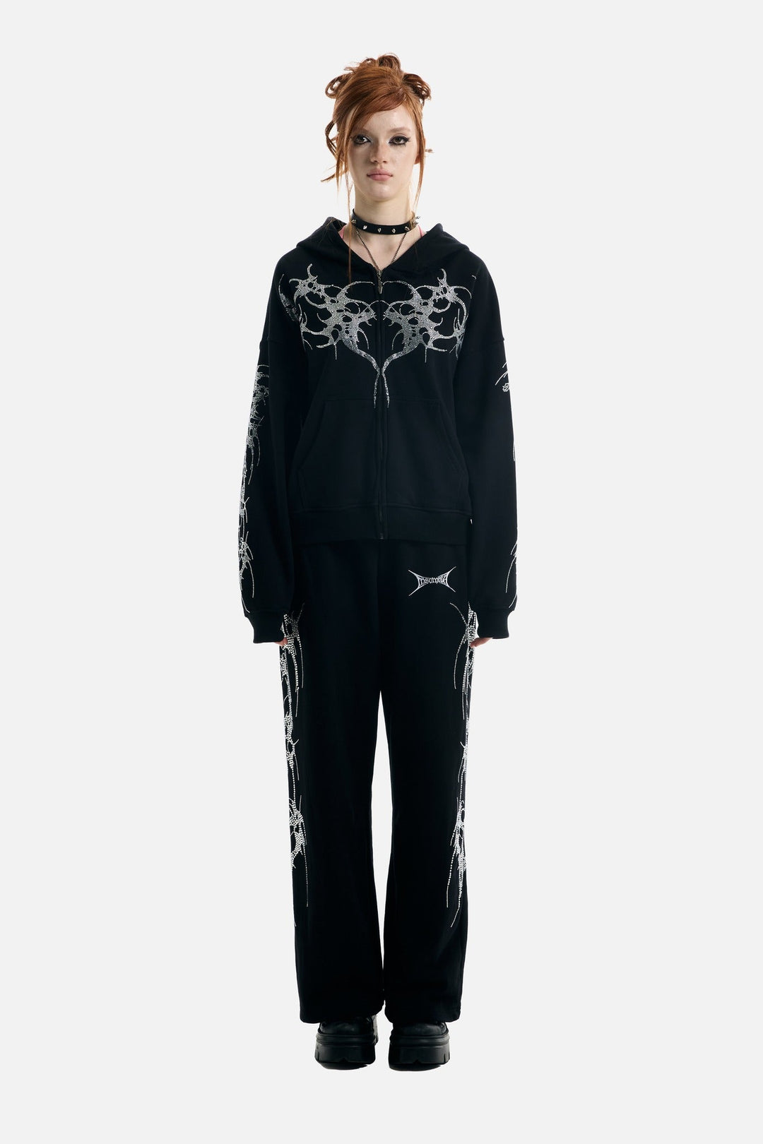 Black hooded zip hoodie with silver rhinestone thorn and wing graphics