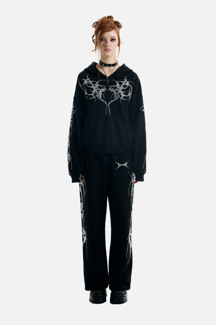 Black hooded zip hoodie with silver rhinestone thorn and wing graphics