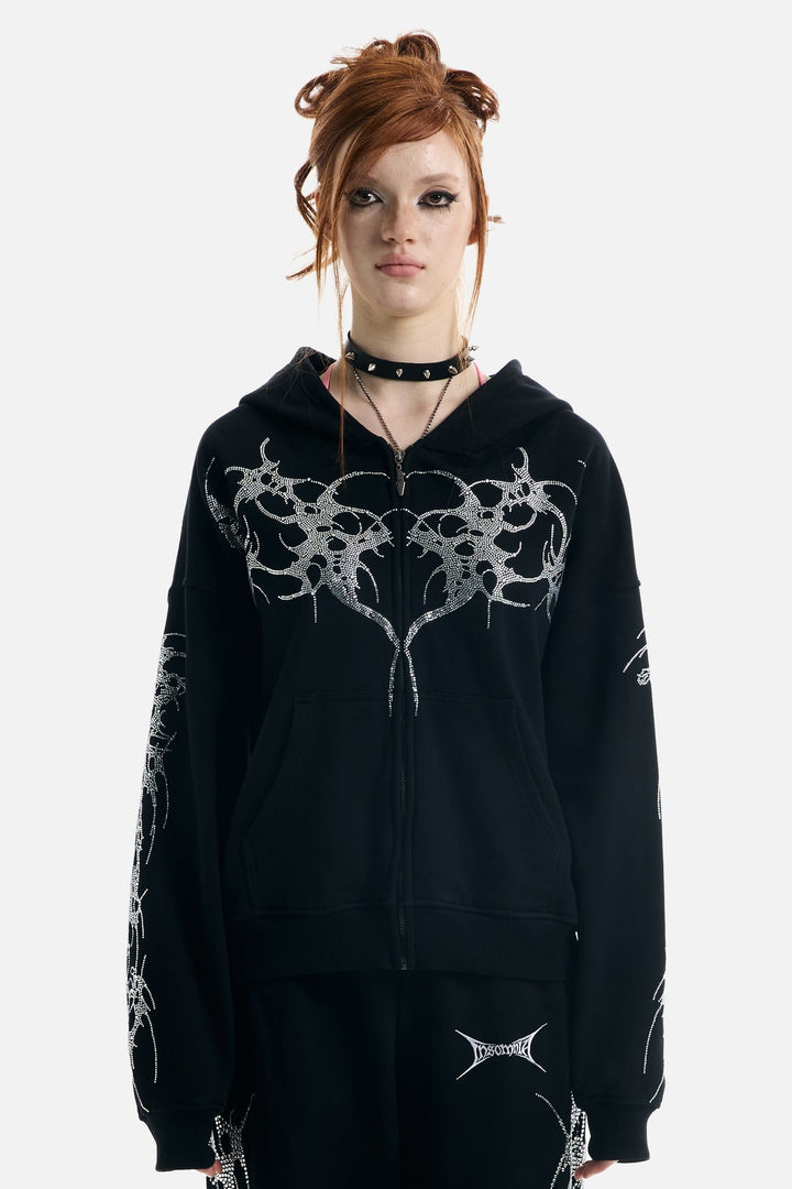 Black hooded zip hoodie with silver rhinestone thorn and wing graphics