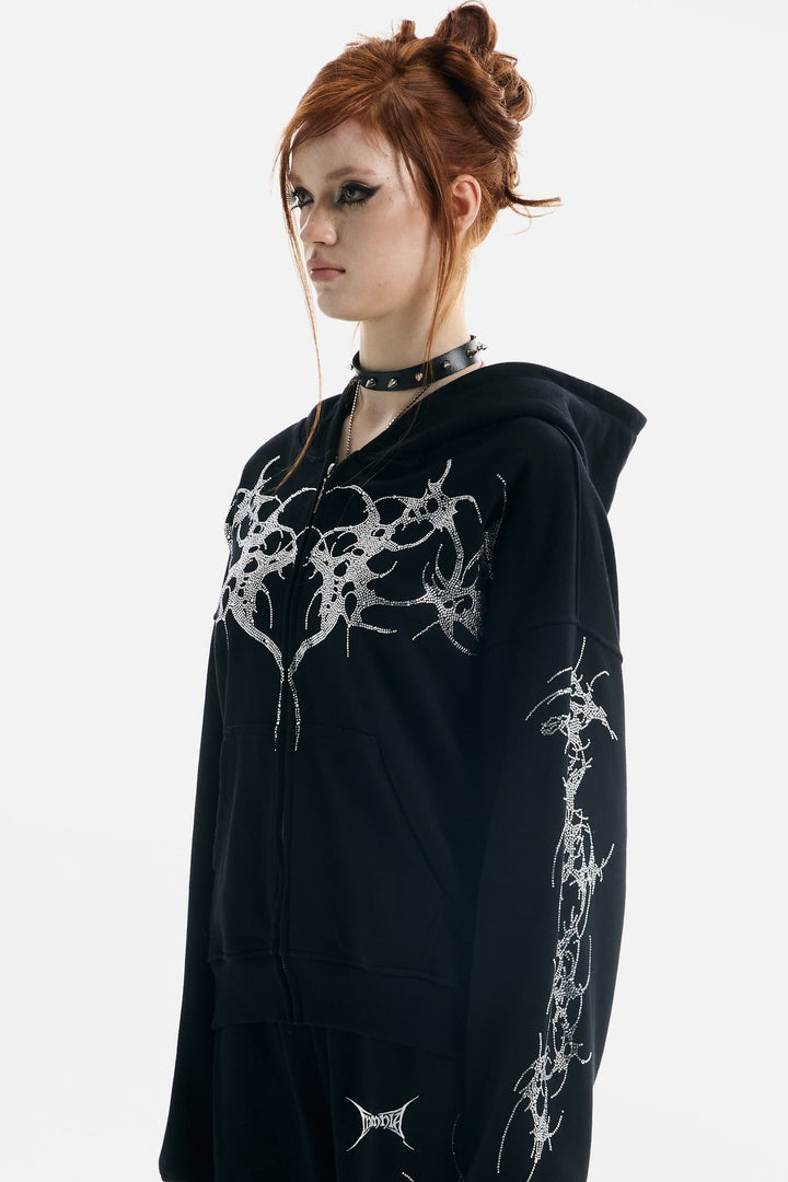 Black hooded zip hoodie with silver rhinestone thorn and wing graphics