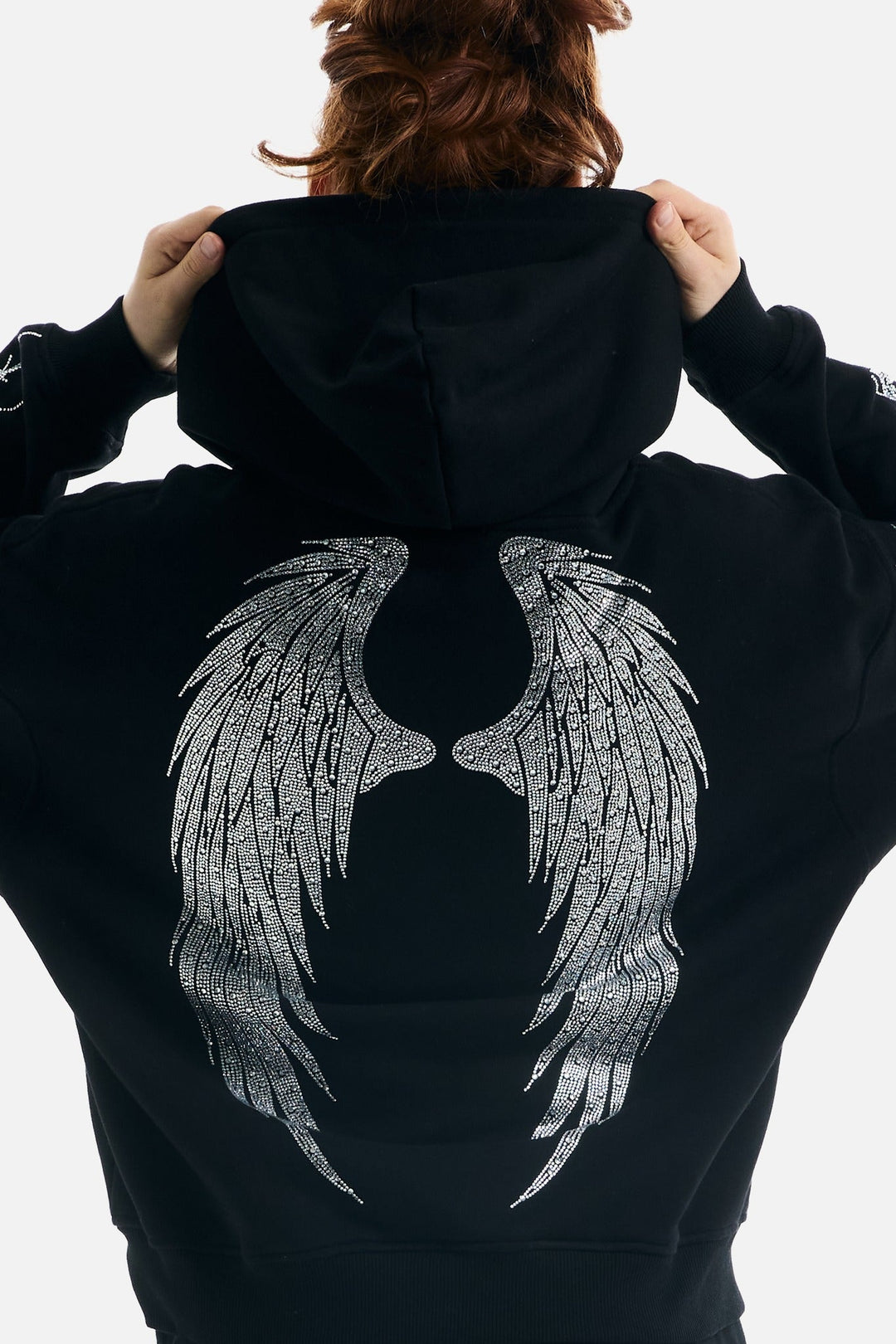 Black hooded zip hoodie with silver rhinestone thorn and wing graphics