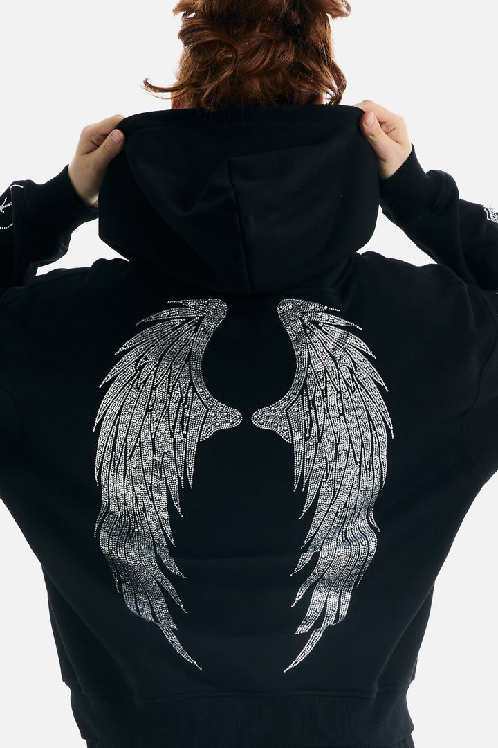 Black hooded zip hoodie with silver rhinestone thorn and wing graphics