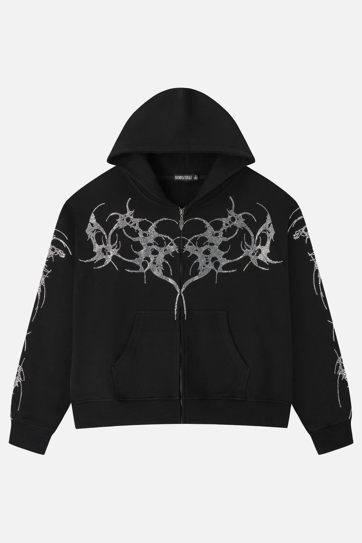 Black hooded zip hoodie with silver rhinestone thorn and wing graphics