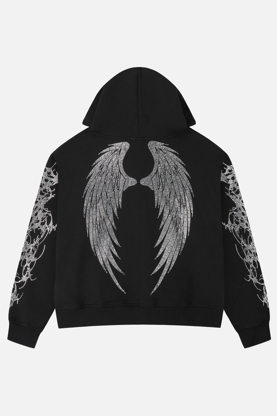Black hooded zip hoodie with silver rhinestone thorn and wing graphics