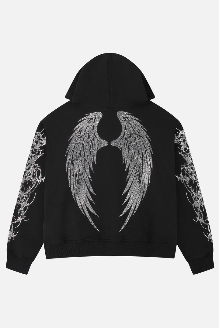 Black hooded zip hoodie with silver rhinestone thorn and wing graphics